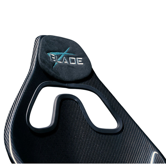 BPS Blade Racing Simulator Blade-branded seat headrest in carbon fibre weave texture with suede headrest pad and teal embroidered logo, close-up detail shot