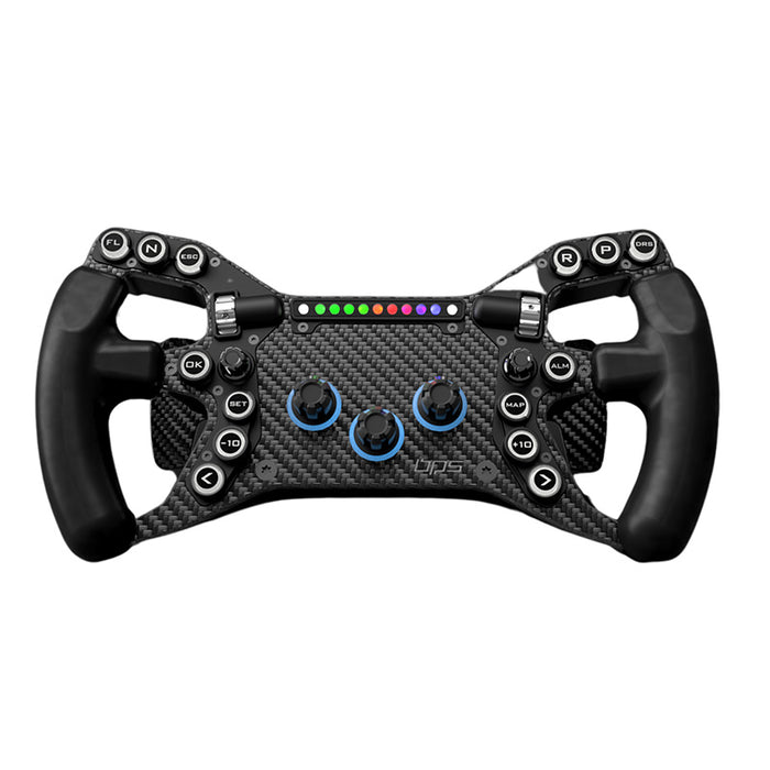BPS Blade Racing Simulator carbon fibre Formula-style steering wheel with LED rev light bar, rotary dials and programmable function buttons, studio shot on white background