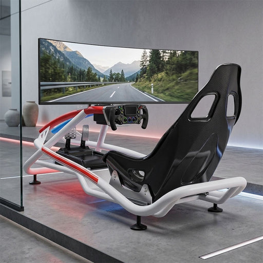 BPS Blade Racing Simulator in white Carrera livery with green accent lighting, full rig side profile against a dark studio background