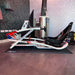BPS Blade Racing Simulator with Kart Silverstone livery in white and red, side view in a sim racing showroom