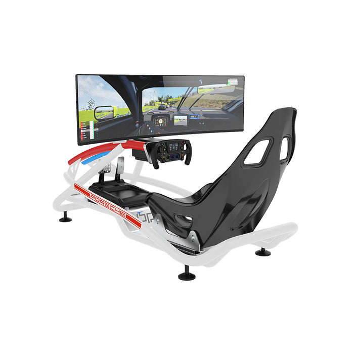 BPS Blade Racing Simulator in white Porsche livery with red and blue accents, large curved ultrawide monitor, studio product shot