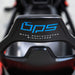 BPS Phoenix Commercial Racing Simulator overhead close-up of dashboard telemetry unit showing lap, gear, RPM data alongside carbon fibre BPS steering wheel