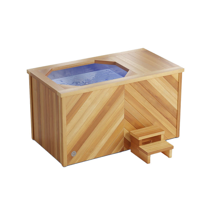 Brass Monkey Ice Bath Herringbone Natural Cedar diagonal view with steps.