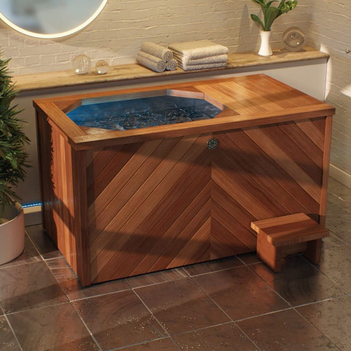 Stunning Brass Monkey Ice Bath XL in a classic herringbone cedar finish for optimal ice bath experience.