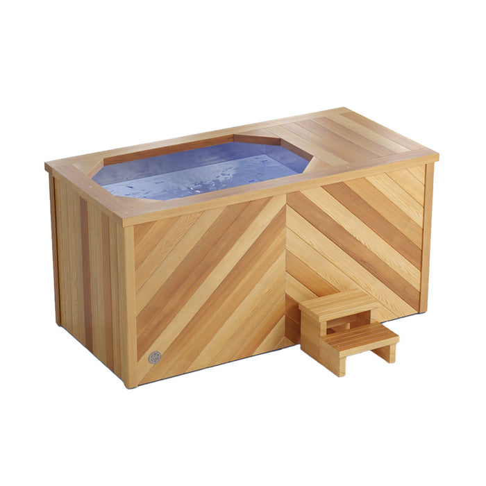 Brass Monkey Ice Bath XL  Herringbone Natural Cedar diagonal view with step.