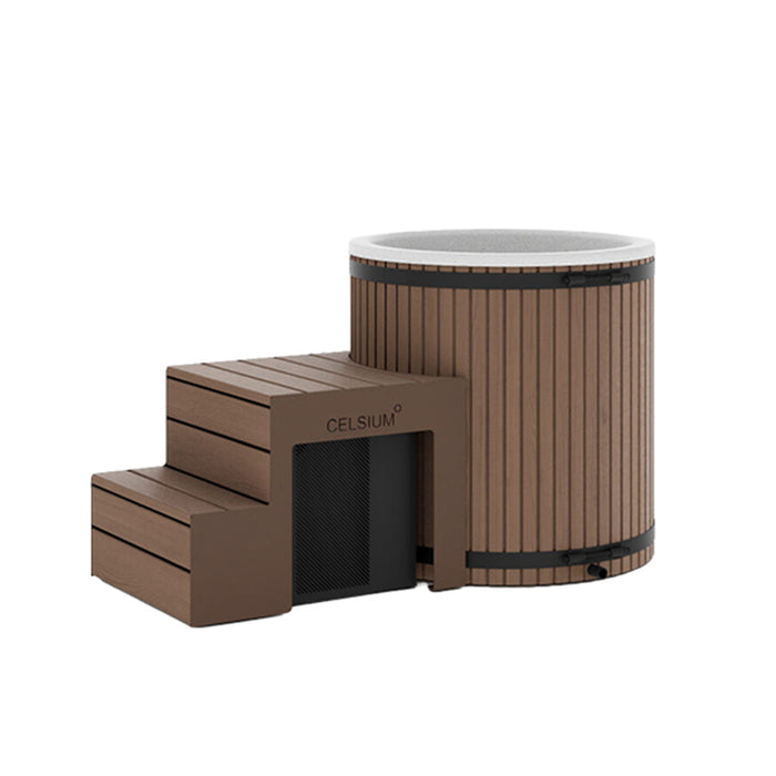 Celsium Aiste Ice Bath Classic in brown with integrated access steps, elegant outdoor ice bath for cold therapy, recovery and relaxation.