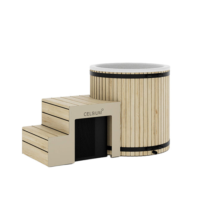 Celsium Aiste Ice Bath Classic in natural wood finish with matching steps, premium cold plunge ice bath for outdoor wellness and recovery.