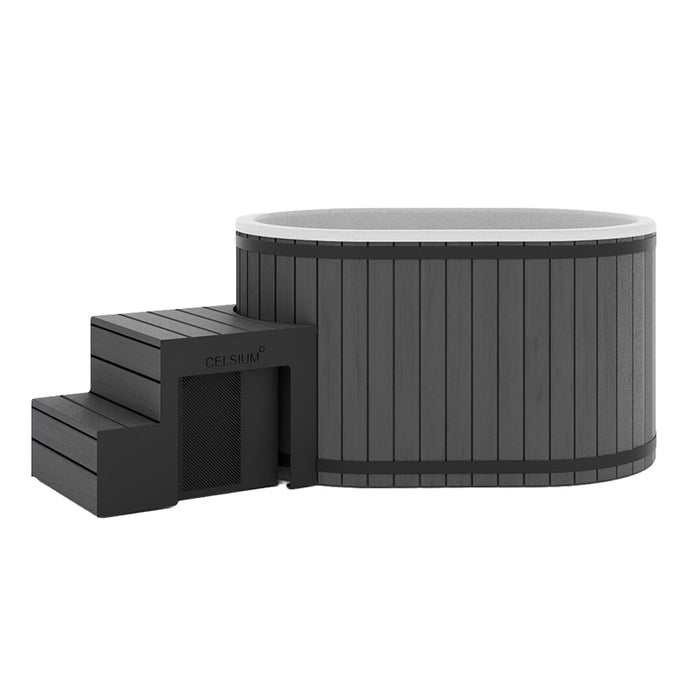 Celsium Aiste Ice Bath Grand in a dark grey finish with matching steps, modern cold plunge tub designed for recovery, performance and wellness.
