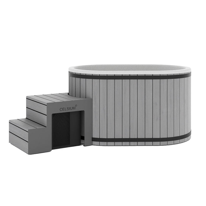 Celsium Aiste Ice Bath Grand in a light grey finish with integrated access steps, elegant outdoor ice bath for cold therapy and recovery.