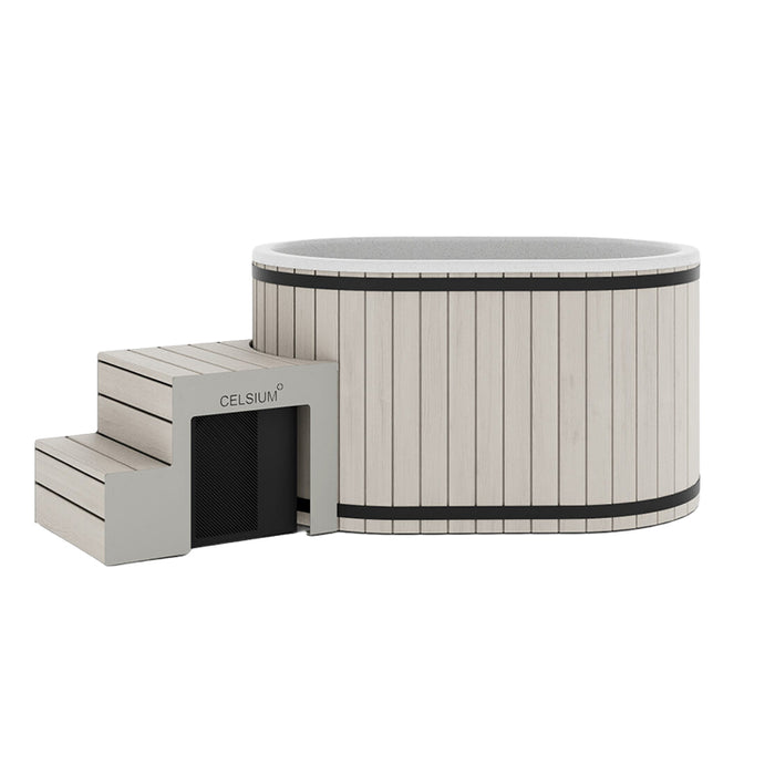 Celsium Aiste Ice Bath Grand in a white finish with matching steps, premium outdoor cold plunge ice bath for recovery, relaxation and wellness.