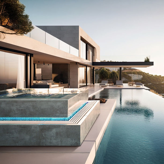 Chronos Cube 300 placed beside an infinity pool, blending seamlessly with contemporary outdoor luxury spaces.