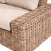 Right side close-up of the Como Natural Antique Outdoor Corner Seating Set, illustrating the craftsmanship of the handwoven rattan and comfortable cushions, perfect for outdoor relaxation.