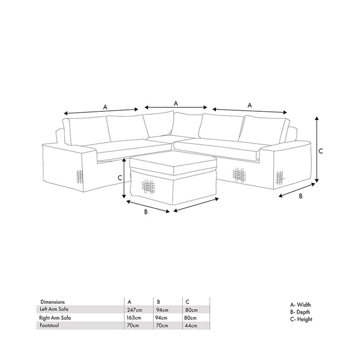 Dimension guide for the Como Natural Antique Outdoor Corner Seating Set, providing measurements for the left arm sofa, right arm sofa, and footstool to help you plan your outdoor space effectively.