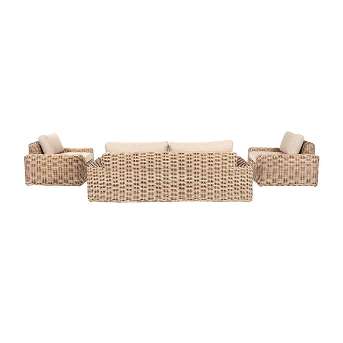 Back view of the Como Natural Antique Outdoor Seating Set showing the detailed craftsmanship of the synthetic rattan weave in a natural antique finish. The set includes comfortable seating with beige cushions, perfect for enhancing any garden or patio area.