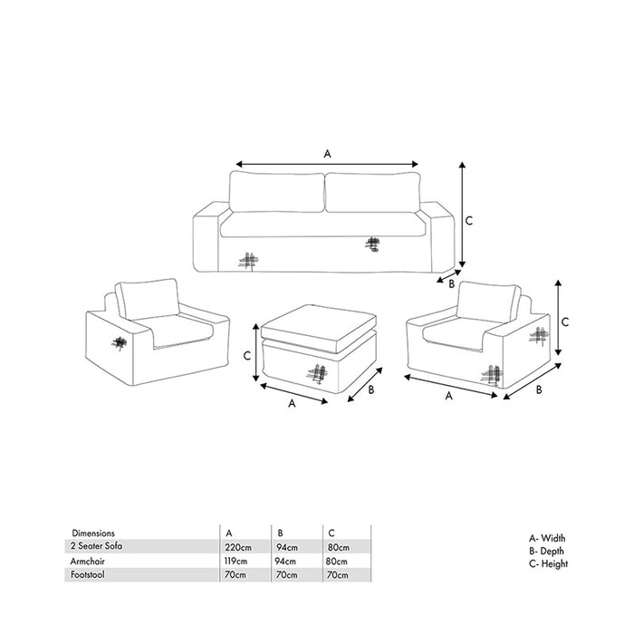 Diagram showing the dimensions of each piece in the Como Natural Antique Outdoor Seating Set, including the two-seater sofa, armchairs, and footstool. Measurements are provided for width, depth, and height to help customers visualise the set in their outdoor space.