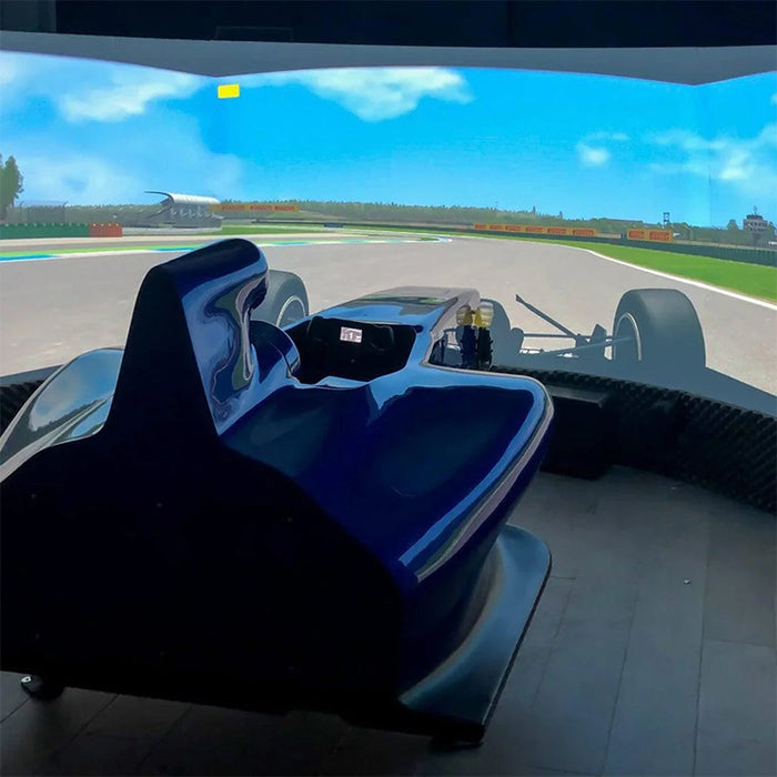 Rear view of the Cool Performance F1 Half Cockpit racing simulator with a curved projection display, Formula-style cockpit and realistic motorsport simulation environment.