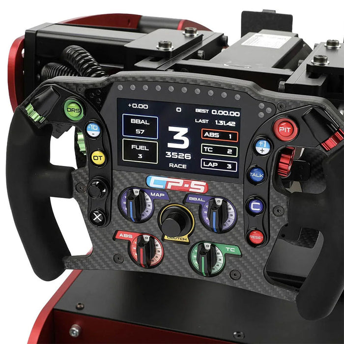 Cool Performance Formula Pro Racing Simulator CP-S carbon fibre steering wheel three-quarter view showing live lap display with BBAL, FUEL, ABS, TC and LAP data, DRS, OT, PIT and TALK buttons, mounted on red chassis.