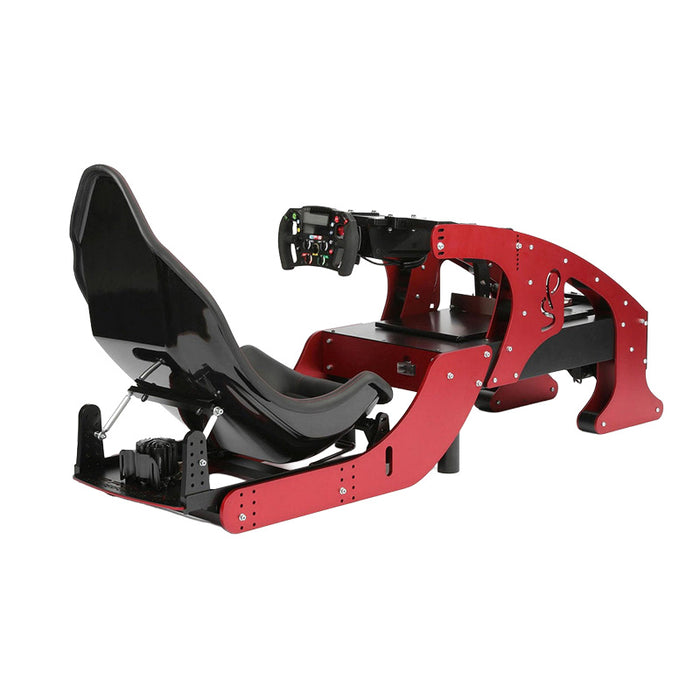 Cool Performance Formula Pro Racing Simulator three-quarter front-left view of full red chassis showing gloss black bucket seat, CP-S steering wheel, pedal box assembly, and scripted logo on white background.