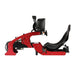 Cool Performance Formula Pro Racing Simulator full left side profile showing red chassis, black leather seat, mounted screen, steering wheel assembly, pedal box, hydraulic lines, and mechanical components on white background.