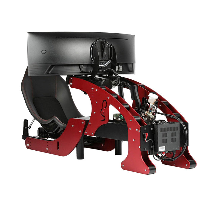 Cool Performance Formula Pro Racing Simulator three-quarter rear view showing black leather seat with red stitching, back of ultrawide curved screen, mounted electronics control box, and red chassis scripted logo on white background.