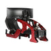 Cool Performance Formula Pro Racing Simulator three-quarter rear view showing black leather seat with red stitching, back of ultrawide curved screen, mounted electronics control box, and red chassis scripted logo on white background.