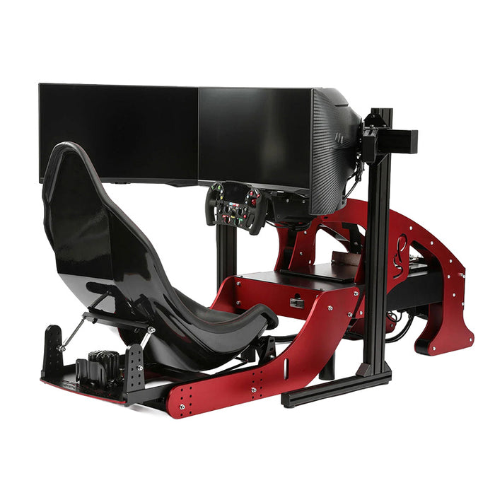 Cool Performance Formula Pro Racing Simulator three-quarter front-right view showing triple curved screen setup, red chassis, gloss black bucket seat, CP-S steering wheel, and pedal box on white background.