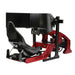 Cool Performance Formula Pro Racing Simulator three-quarter front-right view showing triple curved screen setup, red chassis, gloss black bucket seat, CP-S steering wheel, and pedal box on white background.