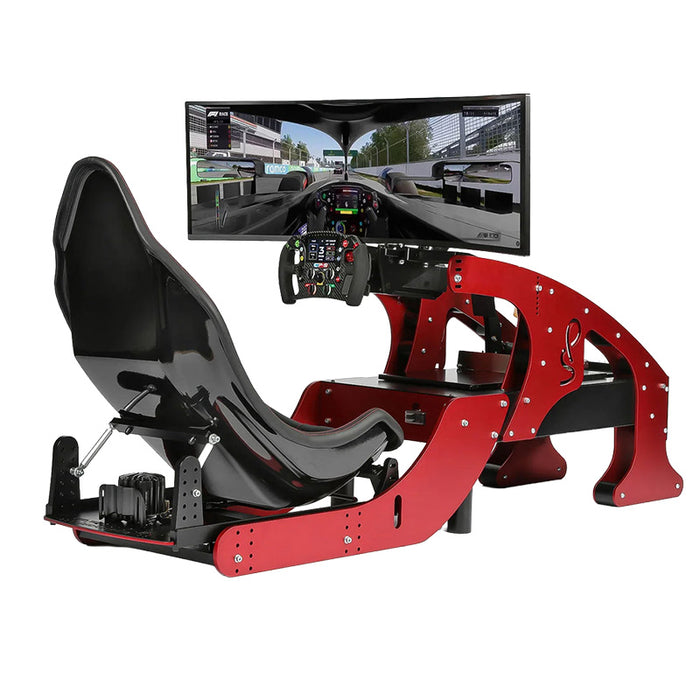 Cool Performance Formula Pro Racing Simulator three-quarter front-left view with ultrawide curved screen displaying F1 race cockpit footage, CP-S steering wheel, red chassis, and black bucket seat on white background.