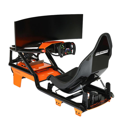 Cool Performance Formula Sport racing simulator complete with curved gaming monitor, professional steering wheel, formula seating and advanced racing simulator cockpit.
