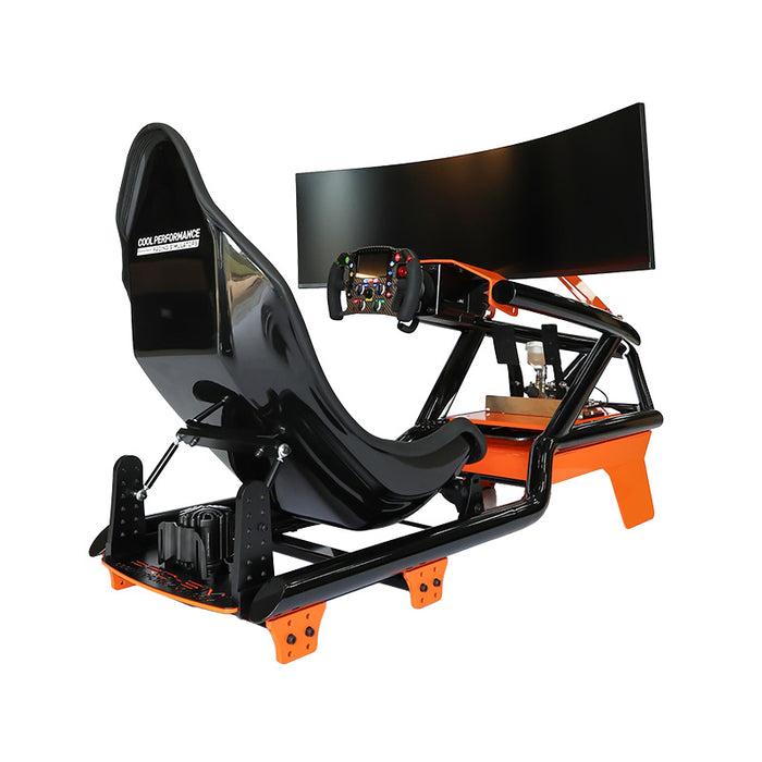 Cool Performance Formula Sport racing simulator shown from the rear angle with racing bucket seat, curved monitor and high-performance sim racing setup.