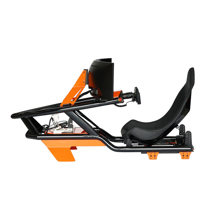 Side profile of the Cool Performance Formula Sport racing simulator featuring a curved display, formula-style seating position and premium sim racing cockpit frame.