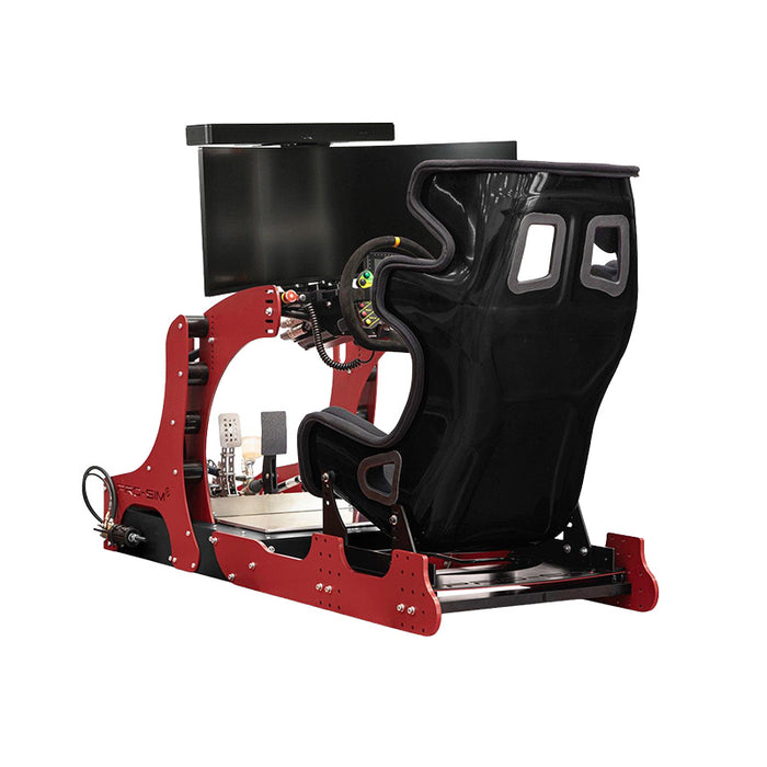 Cool Performance GT Pro Racing Simulator rear angled view showcasing motion platform chassis, racing bucket seat, monitor mount and professional simulator frame.
