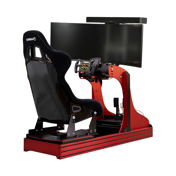 Rear three-quarter view of the Cool Performance GT Sport racing simulator showcasing a racing bucket seat, professional steering wheel and high-performance simulator platform.
