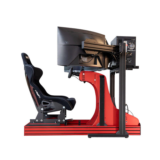 Side profile of the Cool Performance GT Sport racing simulator featuring a racing bucket seat, widescreen monitor, integrated gaming PC and professional sim racing cockpit.