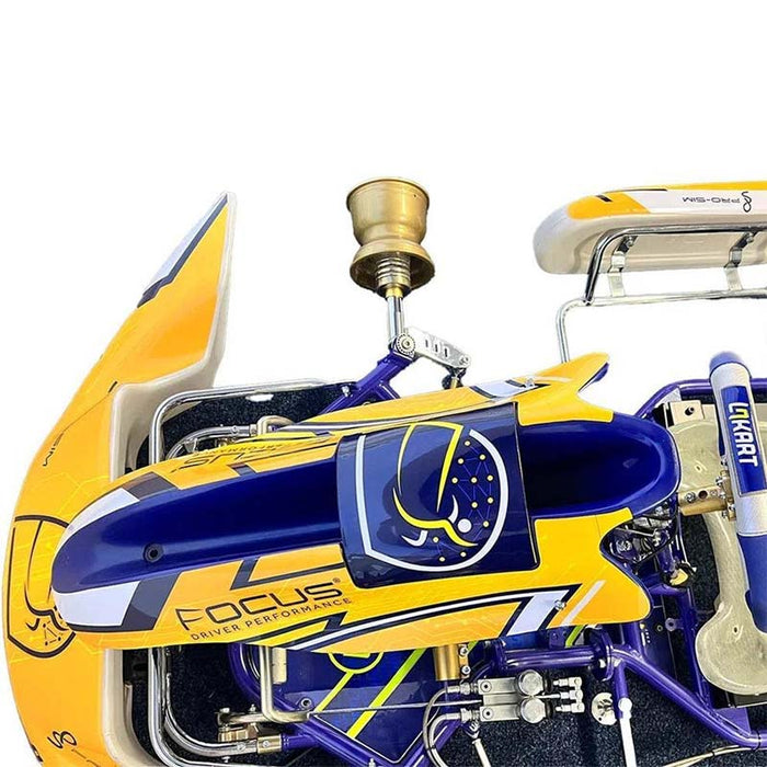 Overhead cockpit view of the Cool Performance Karting Simulator highlighting the kart seat, steering controls, chassis frame and race-ready simulator design.