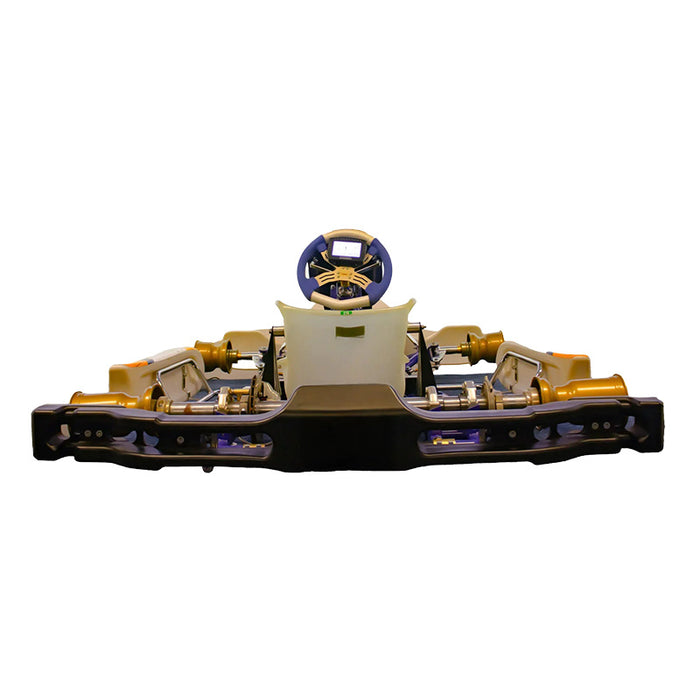 Three-quarter view of the Cool Performance Karting Simulator with racing kart bodywork, professional chassis design and realistic motorsport simulator performance.