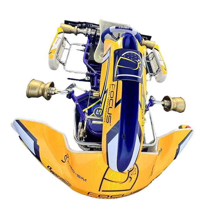 Side profile of the Cool Performance Karting Simulator displaying authentic kart steering controls, chassis structure and immersive kart racing simulation setup.