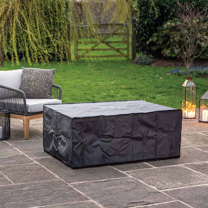 The Cosiloft 120 Fire Pit Table covered with a protective cover, ensuring durability and longevity in all weather conditions.