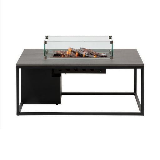 A stylish Cosiloft 120 Fire Pit Table featuring a straight glass surround, perfect for adding elegance and warmth to your outdoor space.