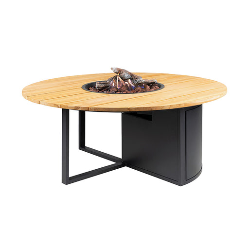 Cosiloft 120 Round Fire Pit Table with a sleek black aluminium frame and a teak wood top, featuring a built-in fire pit with ceramic logs and lava stones.