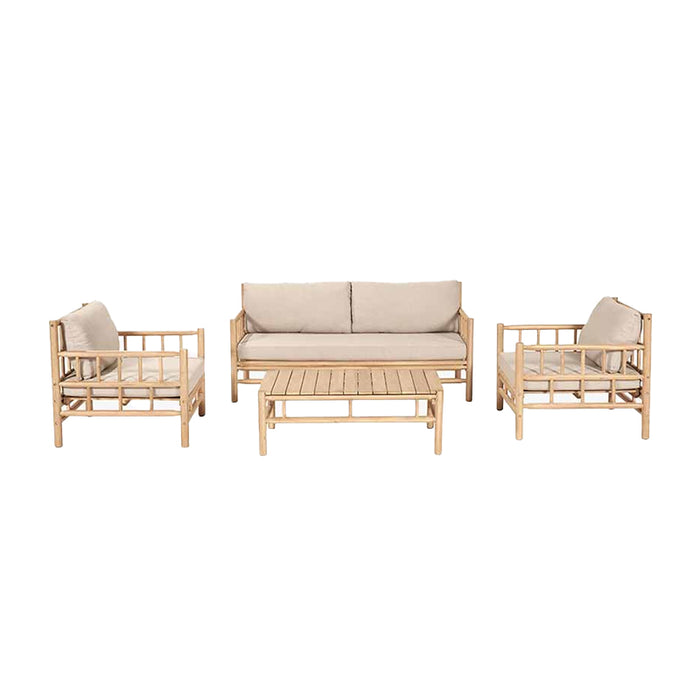 The Costa Rica Natural Bamboo Outdoor Seating Set viewed at an angle, showcasing the two-seater sofa, two armchairs, and coffee table with beige cushions and a bamboo effect acacia wood frame