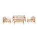 The Costa Rica Natural Bamboo Outdoor Seating Set viewed at an angle, showcasing the two-seater sofa, two armchairs, and coffee table with beige cushions and a bamboo effect acacia wood frame