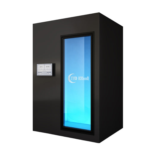 Close-up of the Cryo-iCConiQ PRO electric cryochamber in matte black with digital control panel and blue-lit therapy chamber for precise cold exposure.