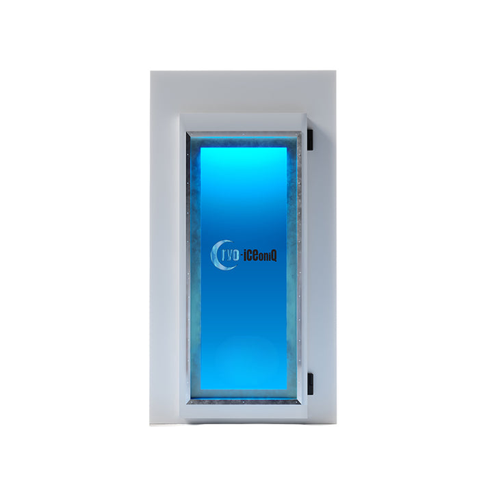 Front-facing view of the Cryo-iCConiQ PRO electric cryotherapy chamber with white exterior and illuminated blue glass door, ideal for clinical or wellness settings.