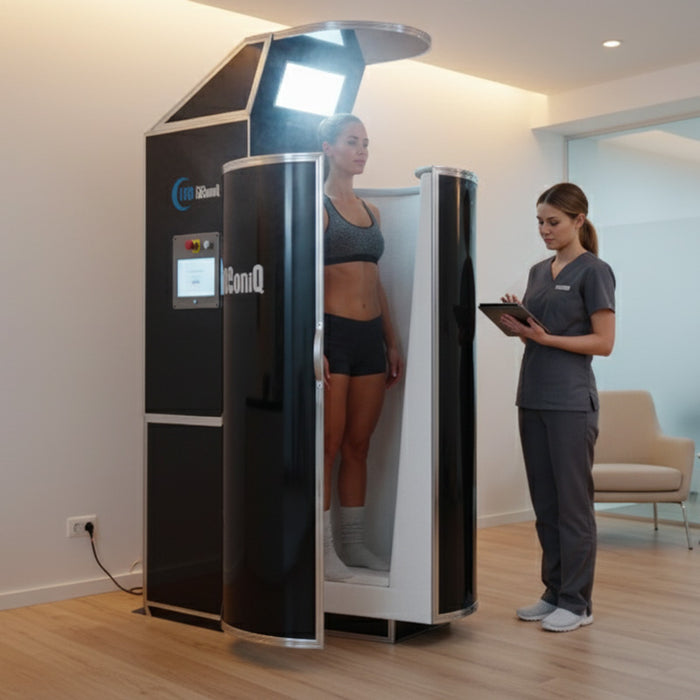 Female client in sportswear inside the Cryo-iCConiQ SOLO nitrogen cryosauna during a professional session, monitored by a trained therapist in a private treatment room.