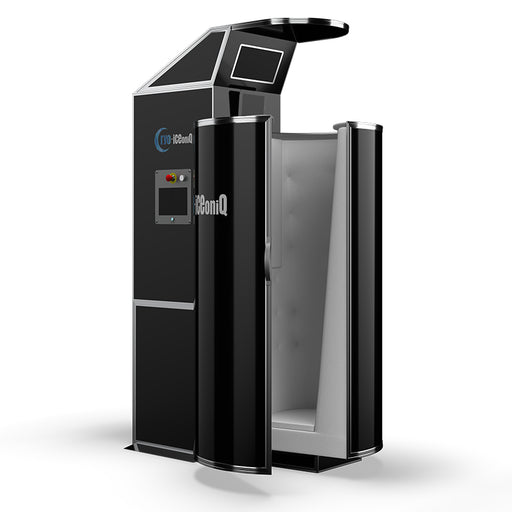 Studio shot of the Cryo-iCConiQ SOLO nitrogen cryosauna against a black background, displaying its sleek black and silver design with open doors and interior padding.
