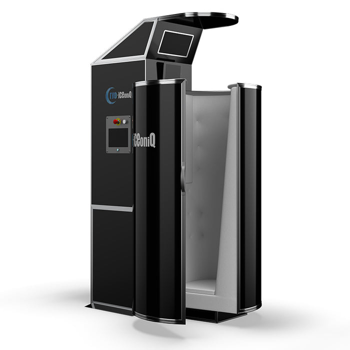 Studio shot of the Cryo-iCConiQ SOLO nitrogen cryosauna against a black background, displaying its sleek black and silver design with open doors and interior padding.