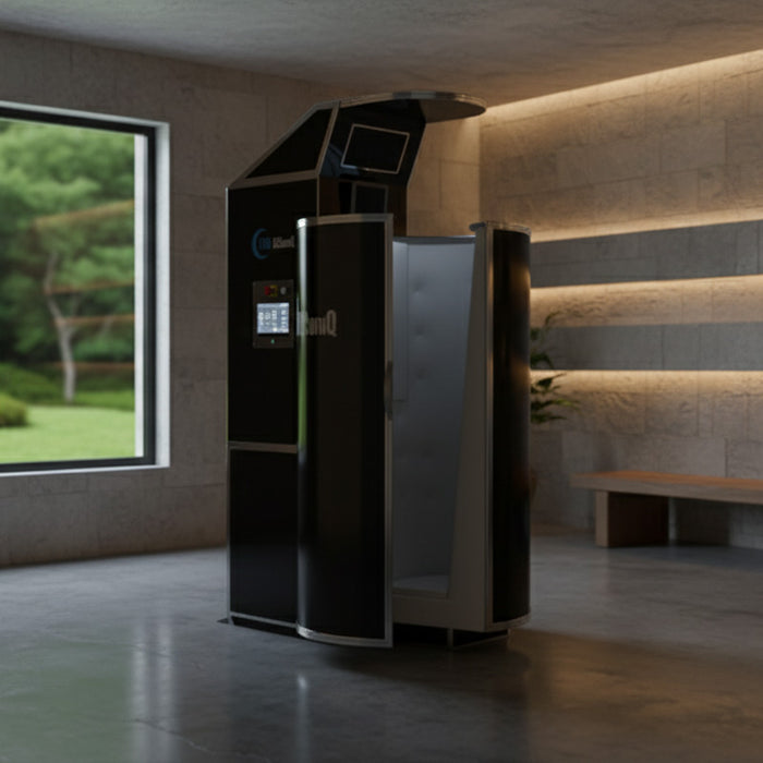 Cryo-iCConiQ SOLO nitrogen cryosauna in a tranquil spa room with ambient lighting and natural stone walls, ready for use with open doors and modern design.