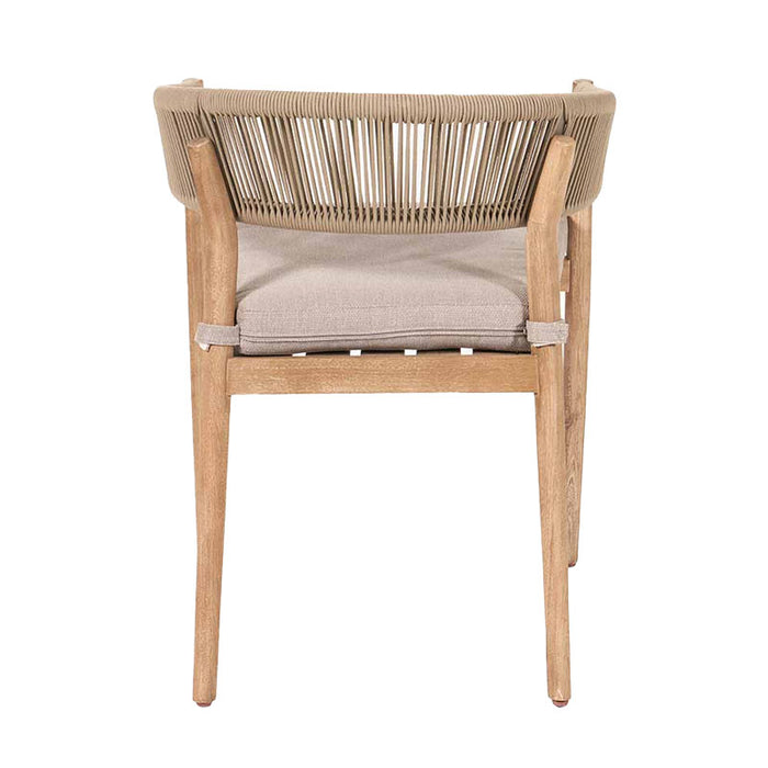 Back view of a chair from the Denver Outdoor 4 Seater Dining Set, featuring a stylish sage green twisted rope design and sturdy acacia wood frame, ideal for outdoor dining.