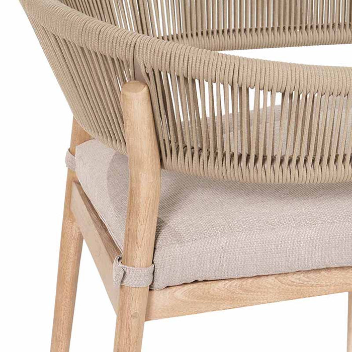 Detailed shot of the seat and backrest of a Denver Outdoor 4 Seater Dining Set chair, featuring soft beige cushions and a durable sage green twisted rope back.